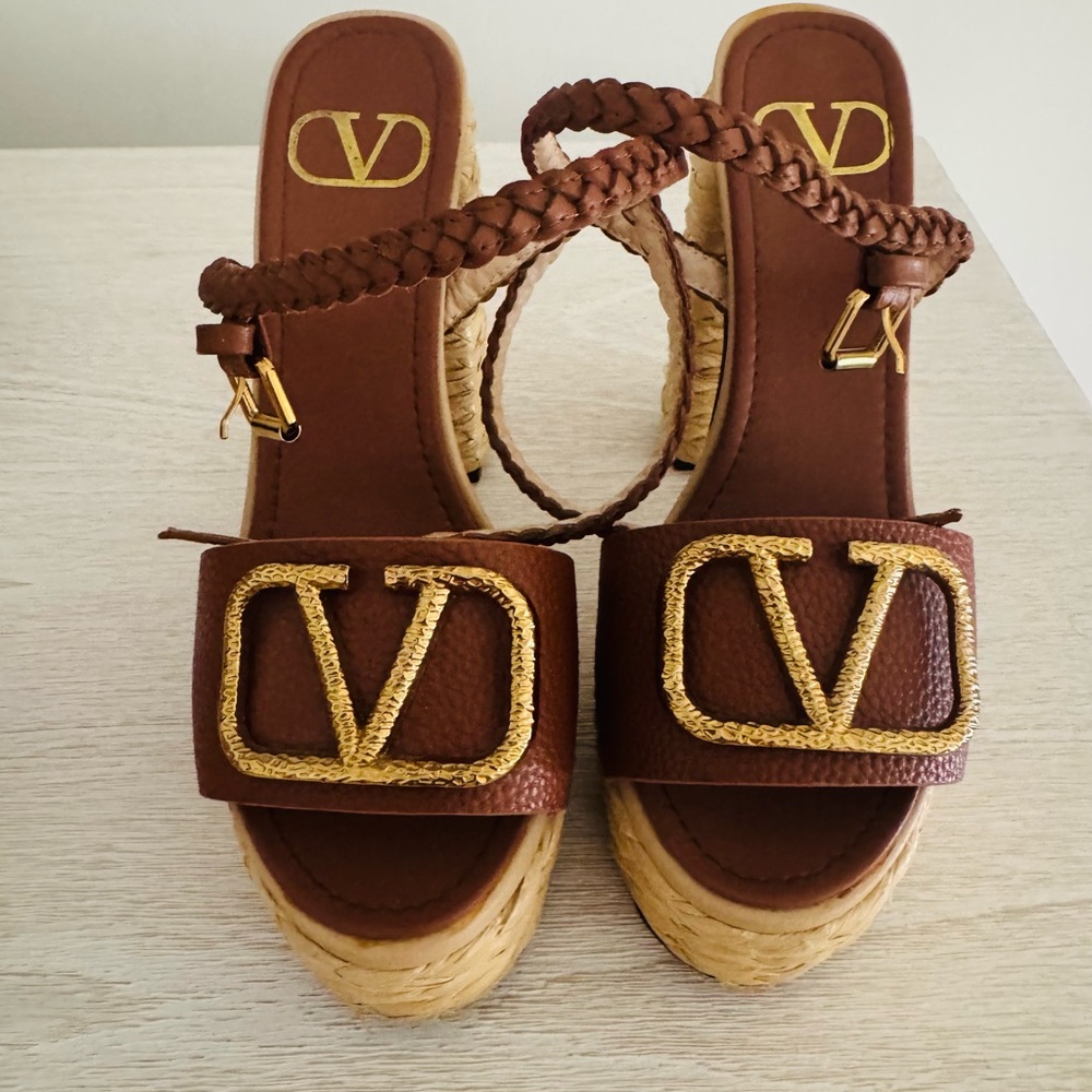 Valentino Brown Leather Braided Espadrille Sandals with Gold Logo